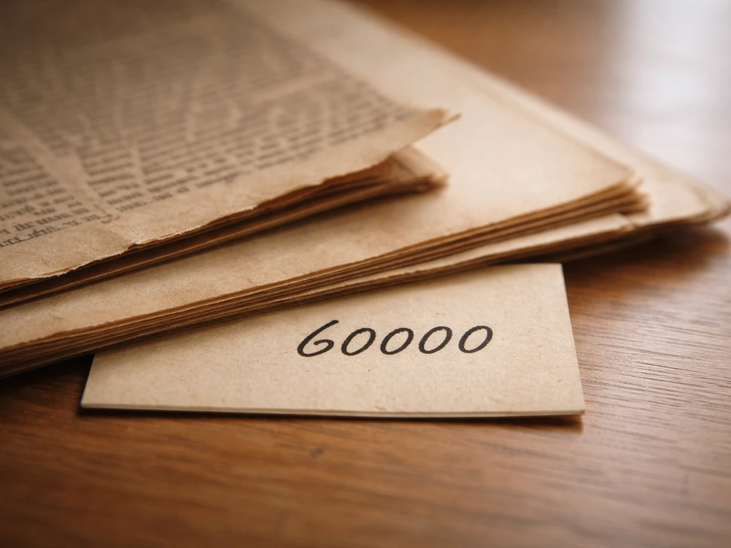 A close-up of an aged book page and newspaper clipping showing the number 60000 on a quote card