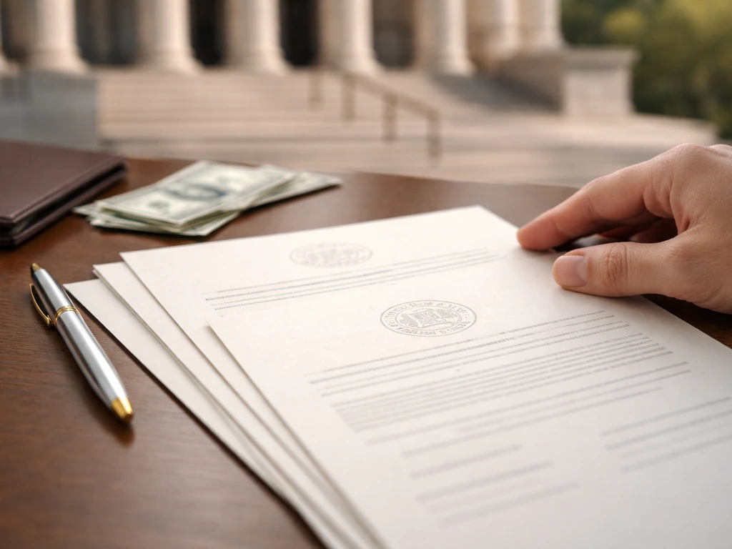 Hand placing probate-style papers near a courthouse entrance with muted money cues in the background.