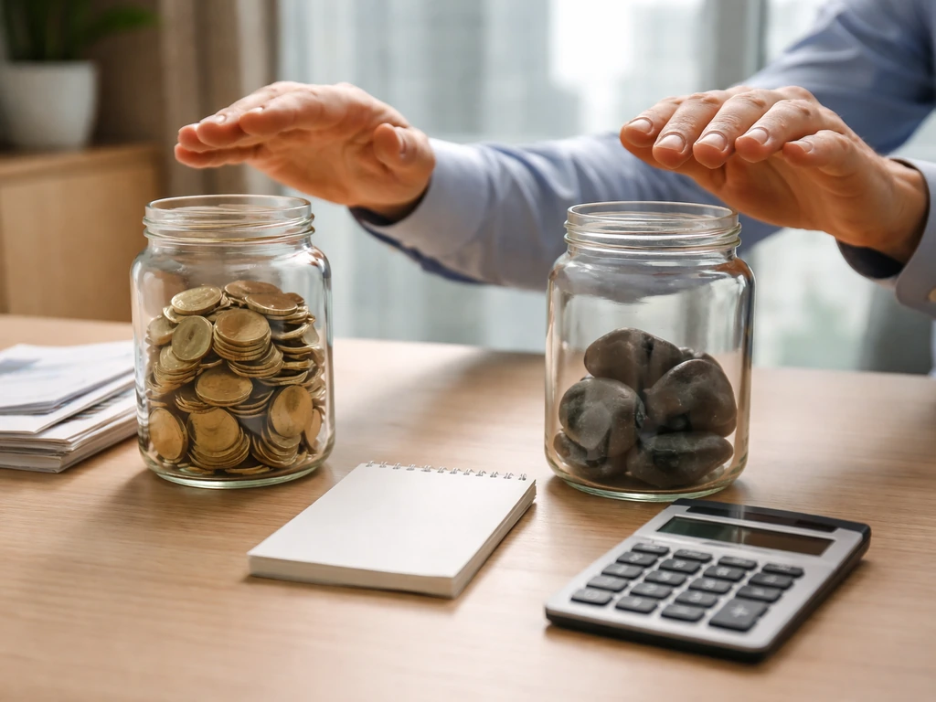 Minimal desk scene with two unlabeled jars of symbols for assets and liabilities in natural light.
