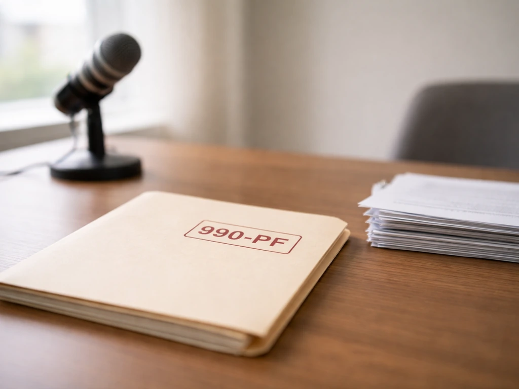 Minimal photo of a desk with a sealed folder and a microphone, symbolizing foundation filings and media ventures.