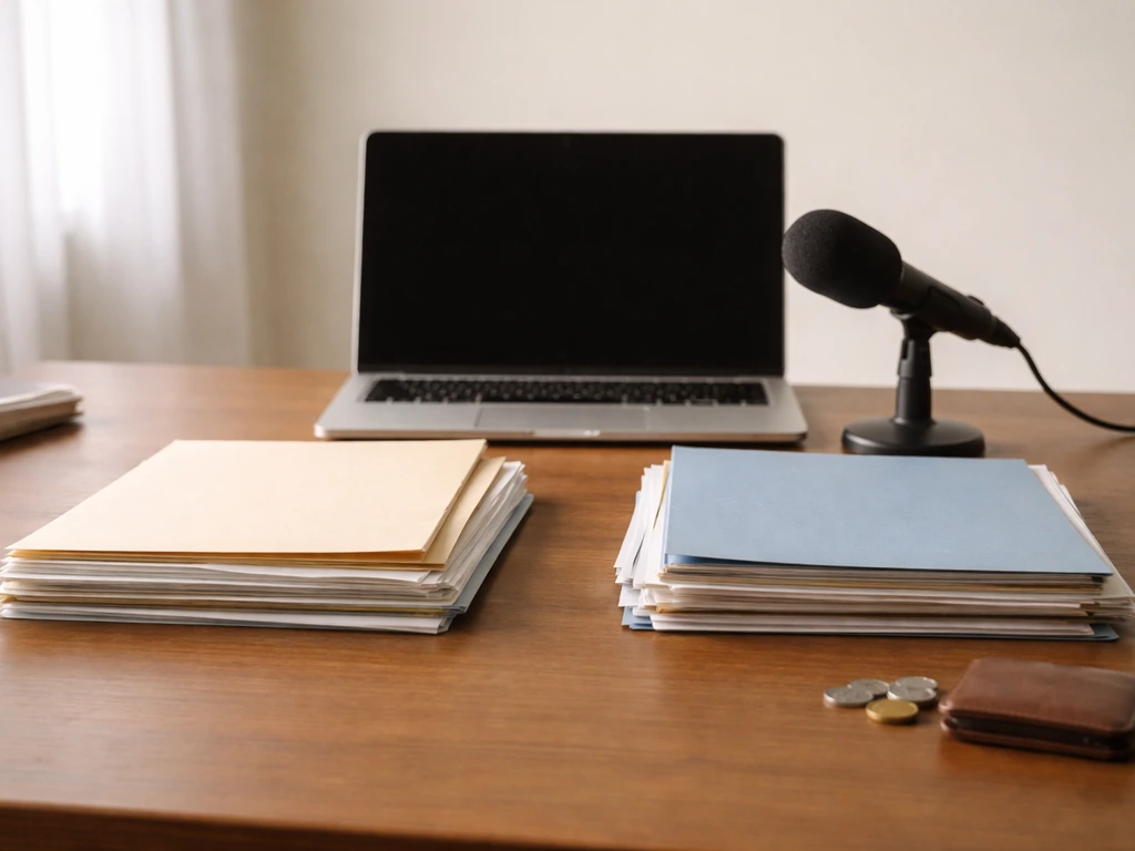 Minimal desk scene with a split view of money and media sources represented by folders and a small microphone.