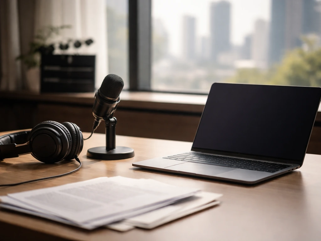 Minimal tech media workspace with microphone and headphones, symbolizing finance, analysis, and filmmaking.