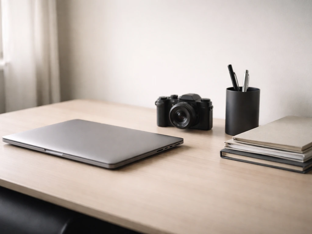 Minimal desk scene with a camera, laptop, and business items symbolizing media and tech for Charles Henry Ferguson.
