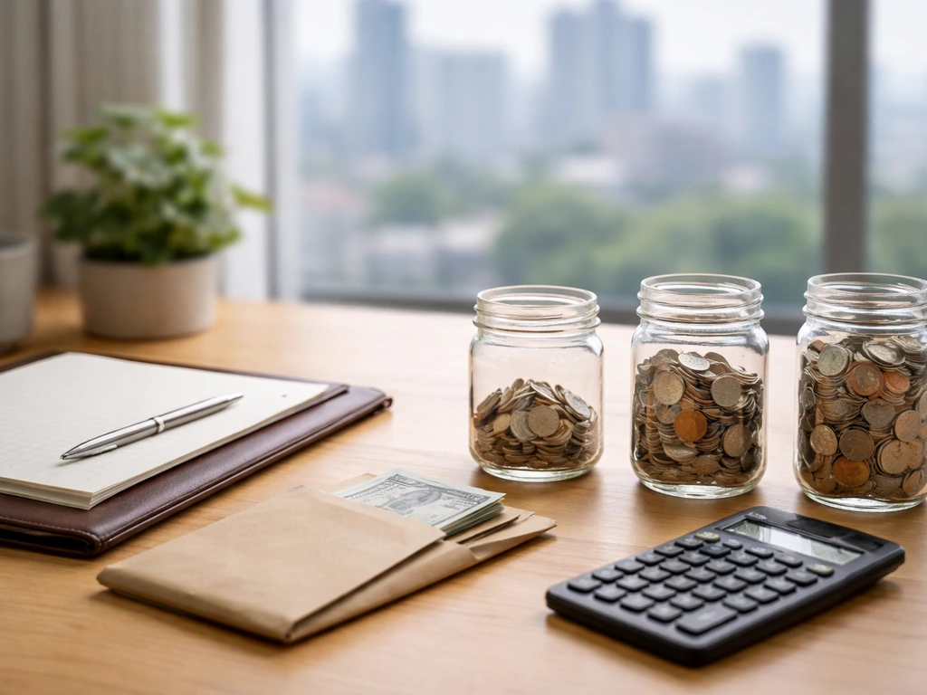 Minimal office desk with a calculator, cash envelope, and blurred city view suggesting net worth breakdown