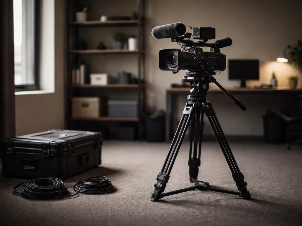 Documentary filmmaking setup with camera on a tripod in a quiet studio office setting