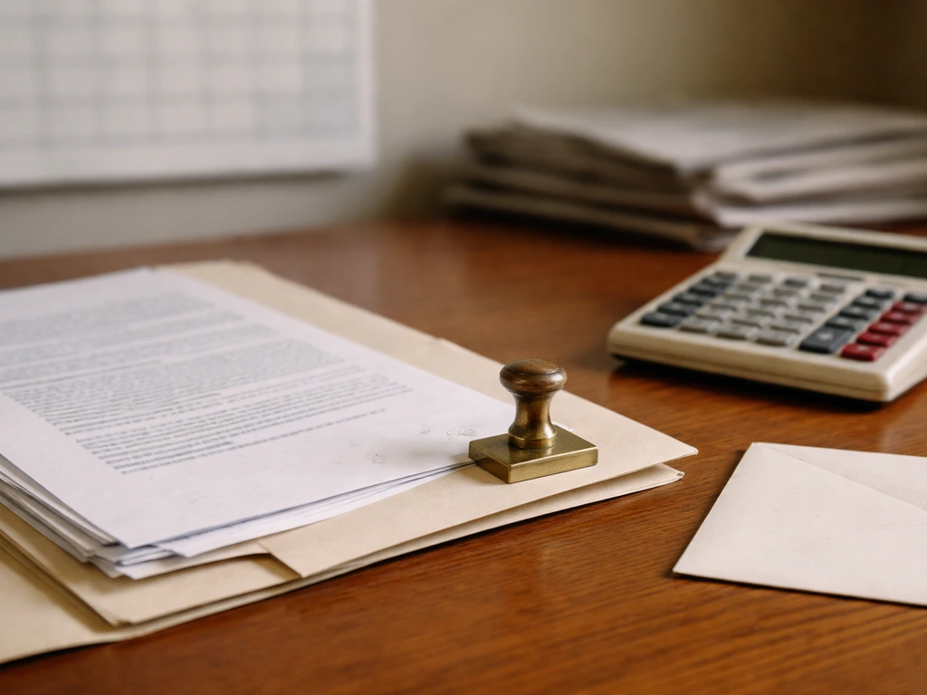 Close-up of vintage business documents and a brass desk stamp beside a calculator, signaling a deal reliability check.