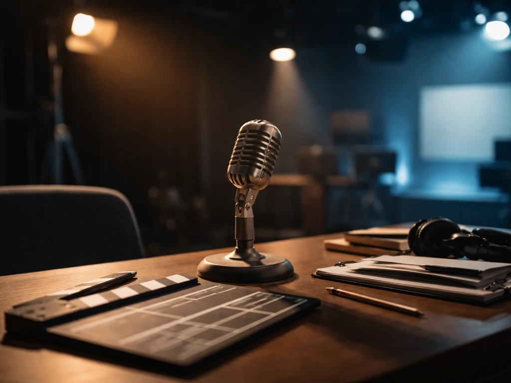 A dimly lit TV studio desk with a vintage microphone and scattered prop clapperboard, symbolizing an actor’s career
