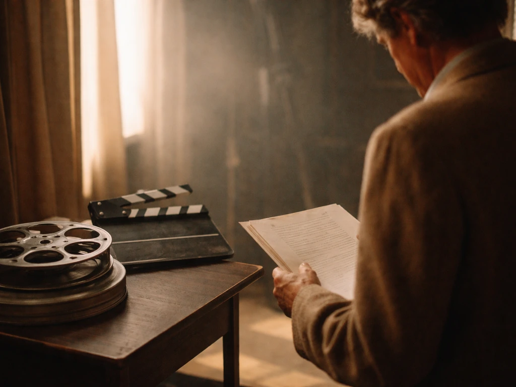 Vintage film-set scene with an anonymous actor silhouette and 1970s film reel cue