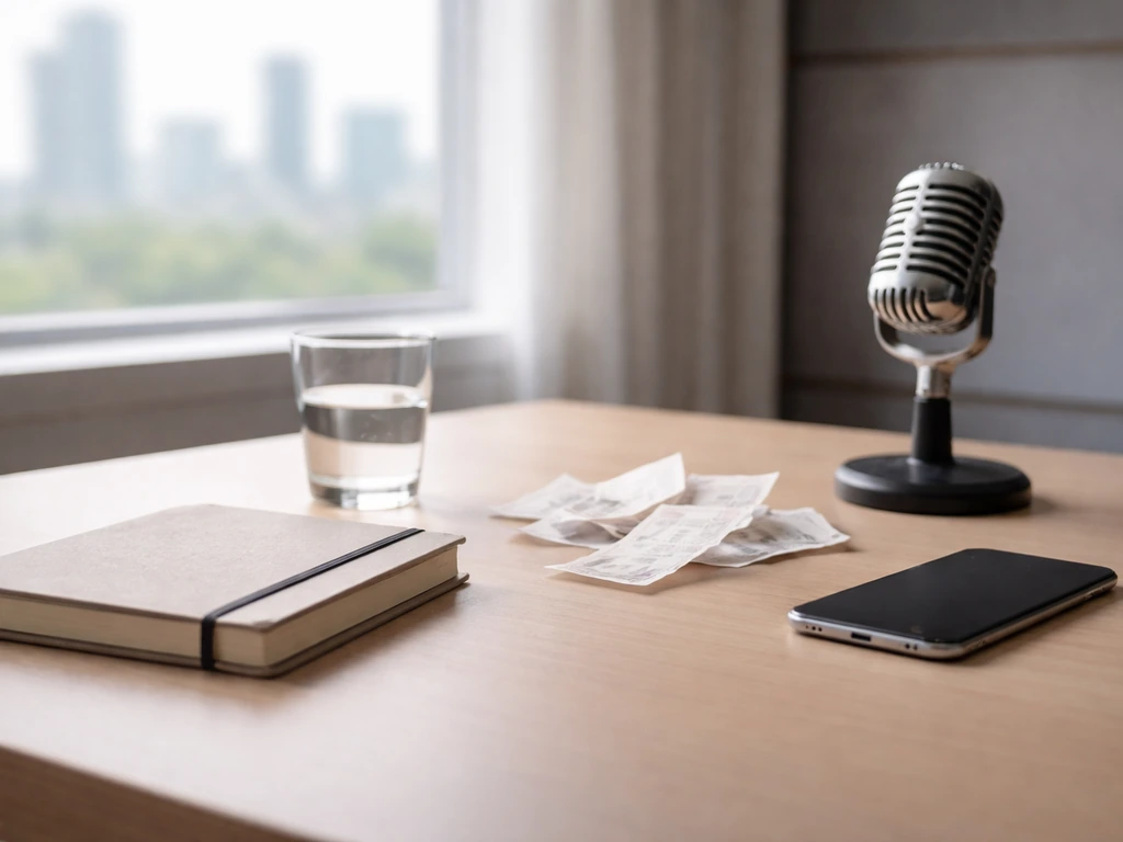 Minimal studio desk with microphone and financial items symbolizing how net worth estimates are calculated.