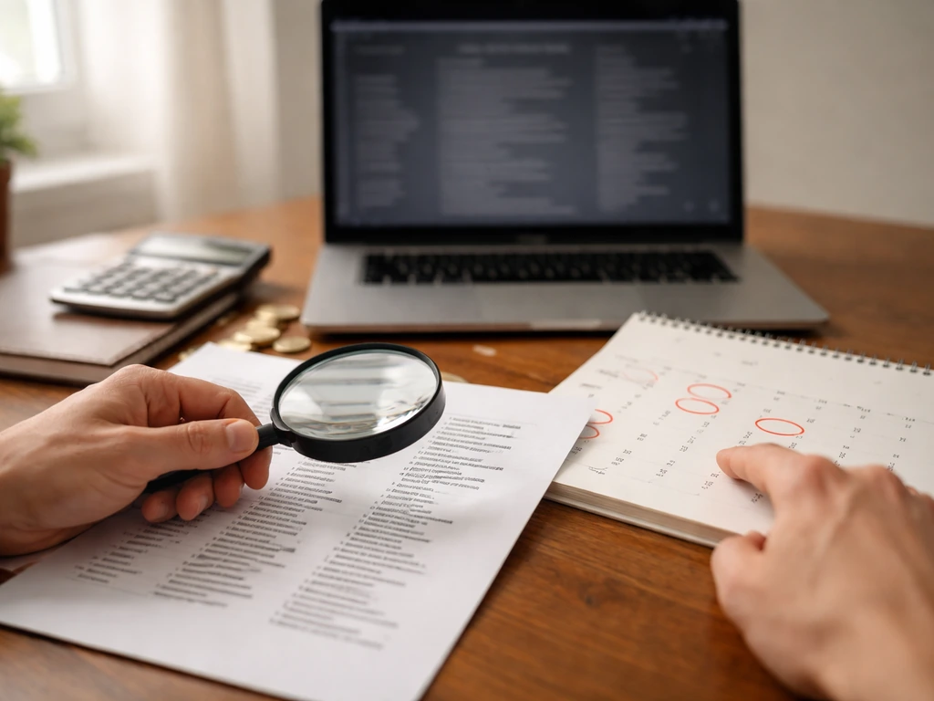 Hands use a magnifying glass to check media credits and dates on paper at a tidy desk.