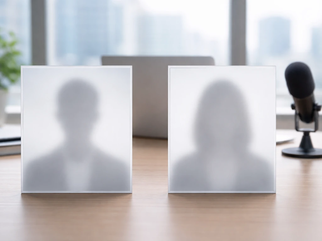 Minimal finance/media desk with blurred anonymous silhouette placeholders to suggest comparing identities.
