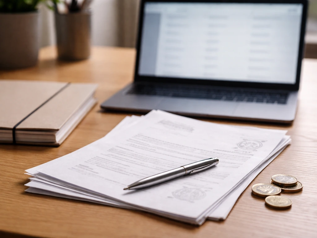 Close-up of typed documents and a laptop showing UK Companies House style filing pages, no readable text.