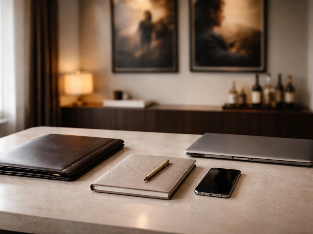 Minimal luxury office desk with unbranded leather items and lifestyle decor, suggesting advisory and brand engines.