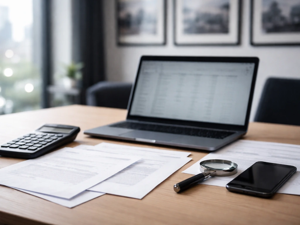 Finance analyst desk with blank corporate documents and calculator, symbolizing estimated valuation from comparisons.