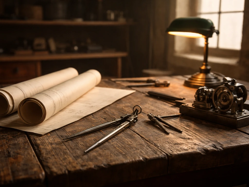 Vintage workshop workbench with brass tools and gears, symbolizing inventor engineering and business wealth.