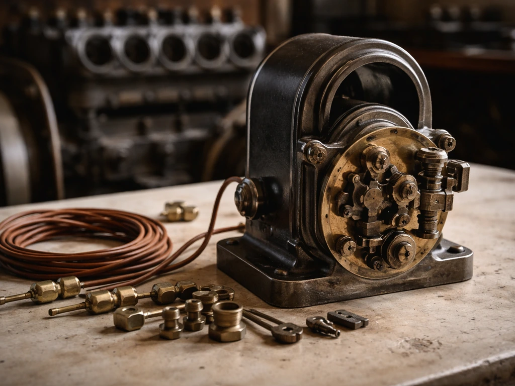 Vintage brass-and-steel ignition hardware on a workbench in a softly lit workshop.