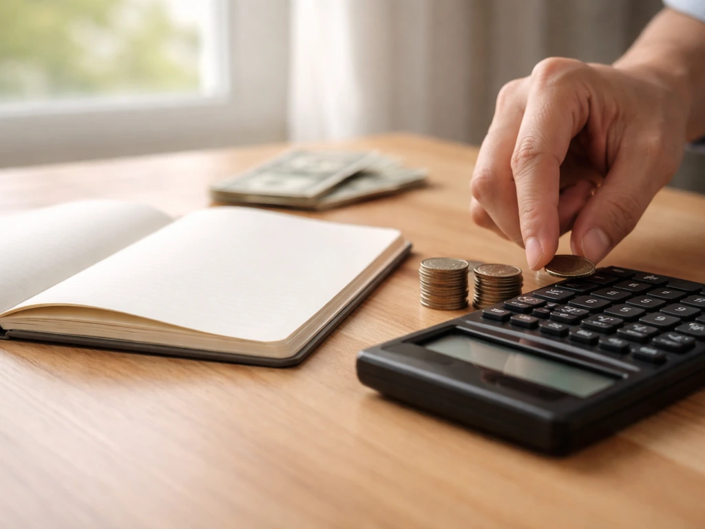 Minimal photo of a desk with scattered money and a calculator, symbolizing estimated net worth ranges