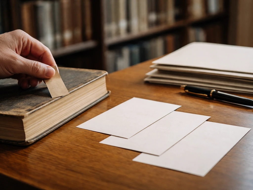 Hand placing a bookmark in an old library book while papers with documents and a pen sit nearby.