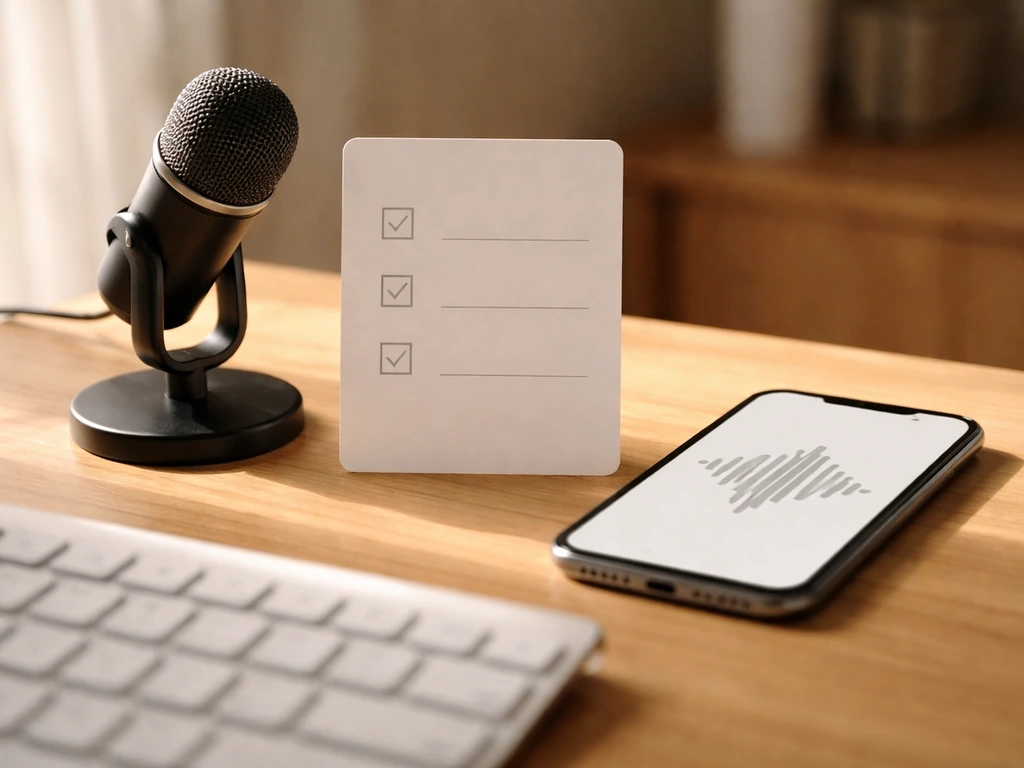 Desk scene with microphone, blank checklist, and abstract audio waveform lines for phonetic pronunciation checks.