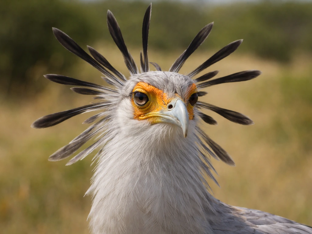 Close-up of a secretary bird’s upright head and long black crest feathers against a natural blurred background