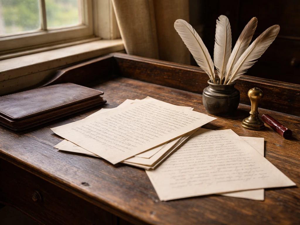 18th-century wooden writing desk with quills and handwritten papers in warm natural light