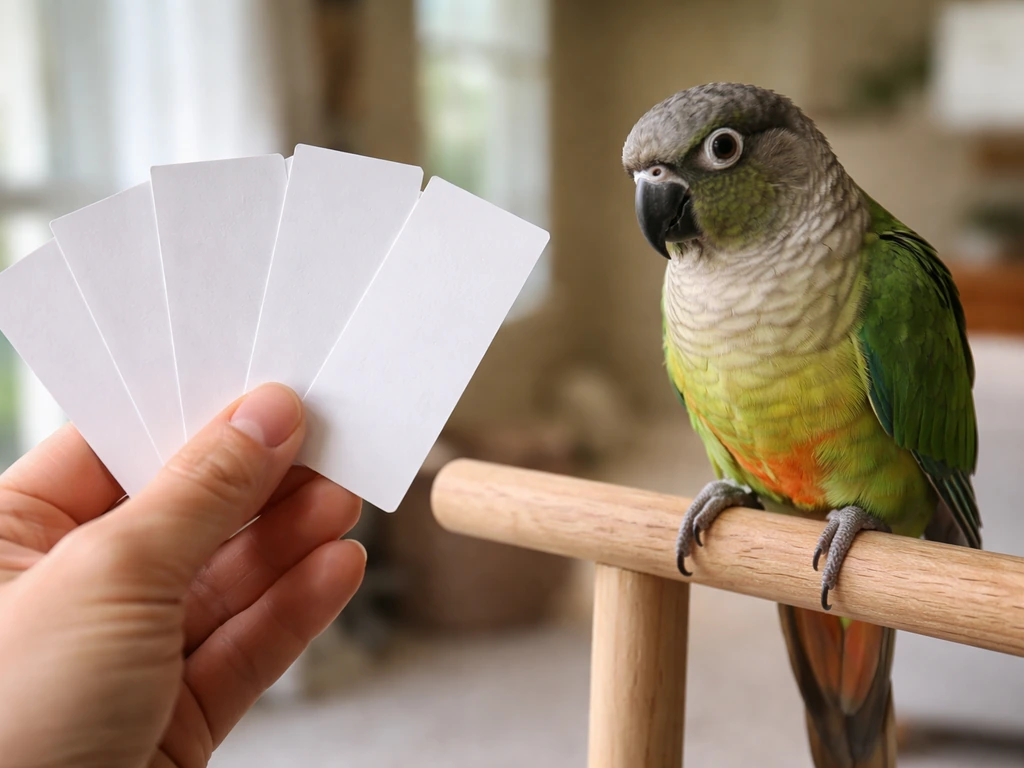 A hand holds blank name cards next to a perched parrot in soft natural light.