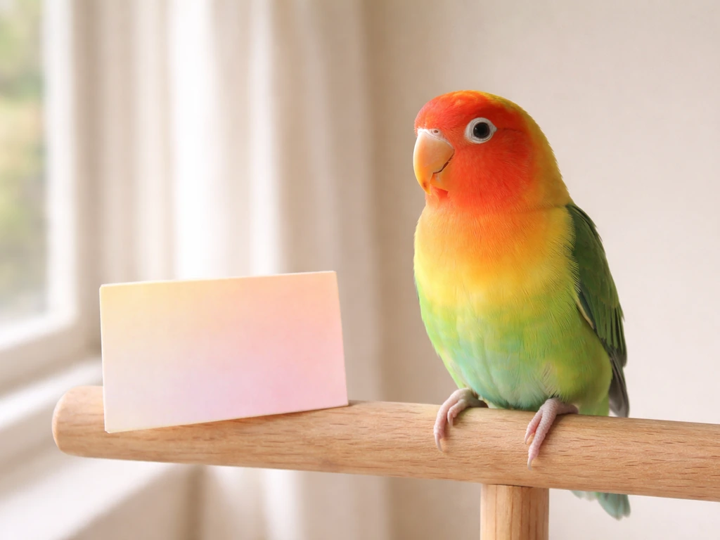Colorful lovebird perched on a wooden dowel beside a small blank color-name card.