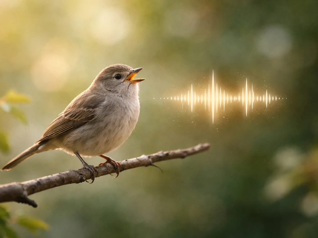 Small songbird perched near a subtle, glowing sound-wave light cue in a minimal natural setting.