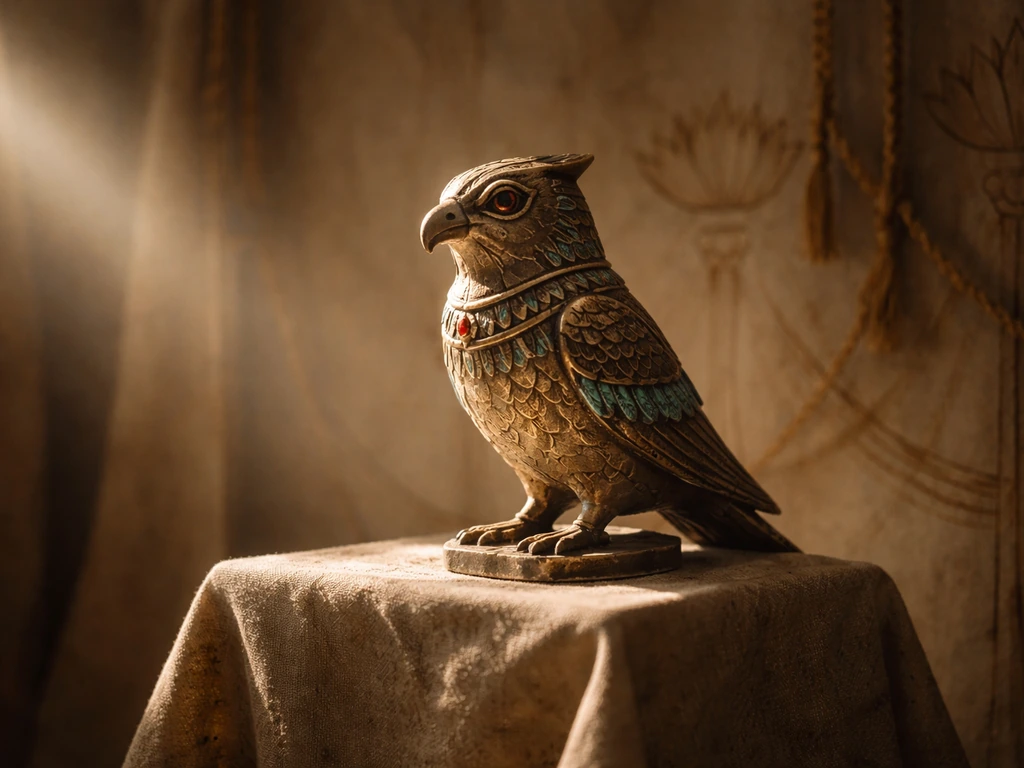 Mythic bird figurine with Ancient-Egypt-inspired decorative cloth in warm natural light.