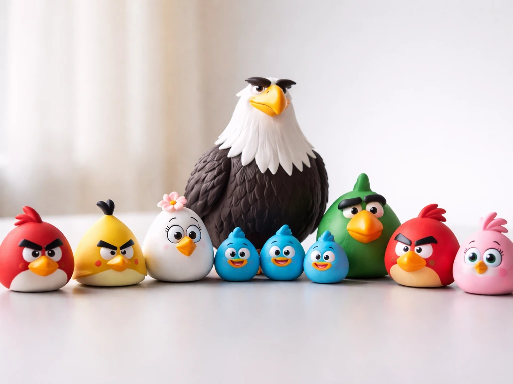 Toy lineup of iconic Angry Birds main characters and Mighty Eagle on a clean tabletop, no text.