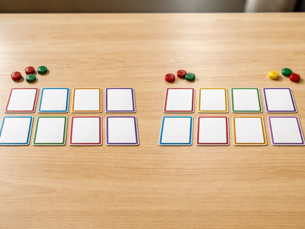 Two side-by-side rows of blank character cards on a desk, showing two different game roster layouts.