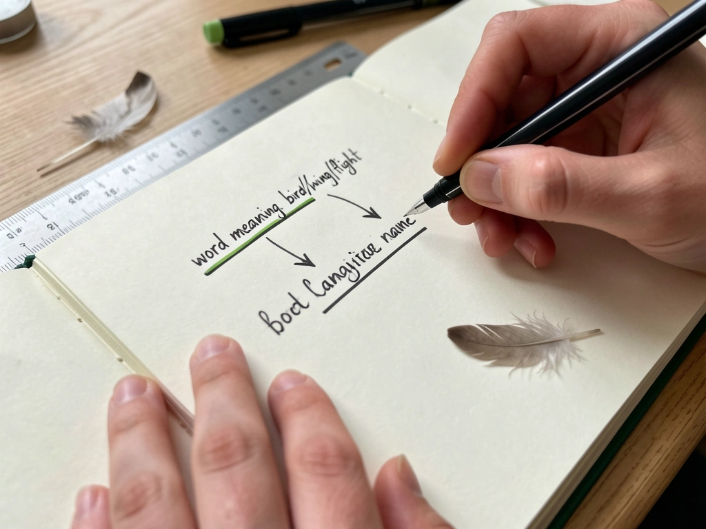 Handwritten etymology trail from a word meaning “bird” to a name form