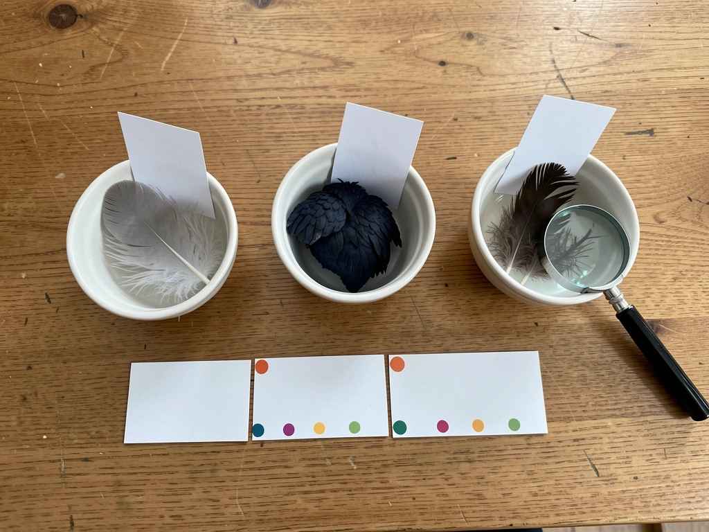 Arrangement of dove, raven, and eagle name cards with bird specimens