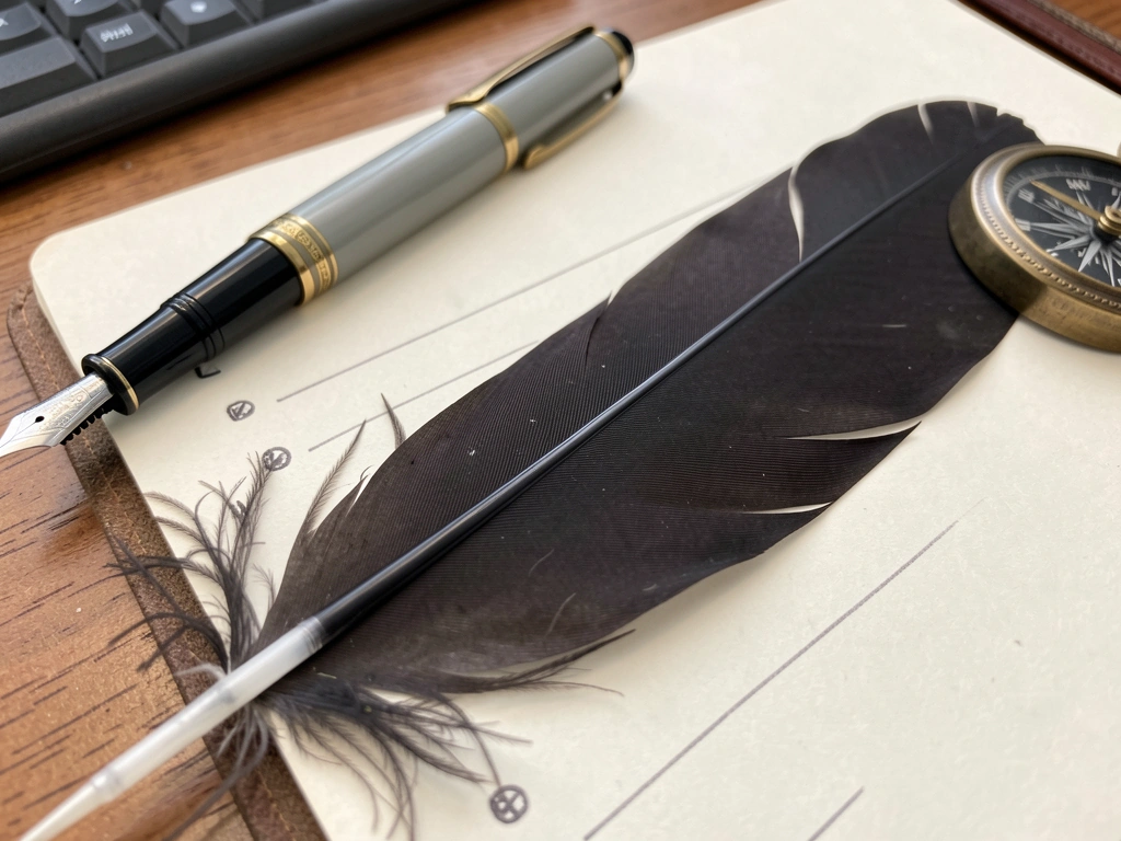 Raven feather and dark ink pen beside a list of raven-based name candidates