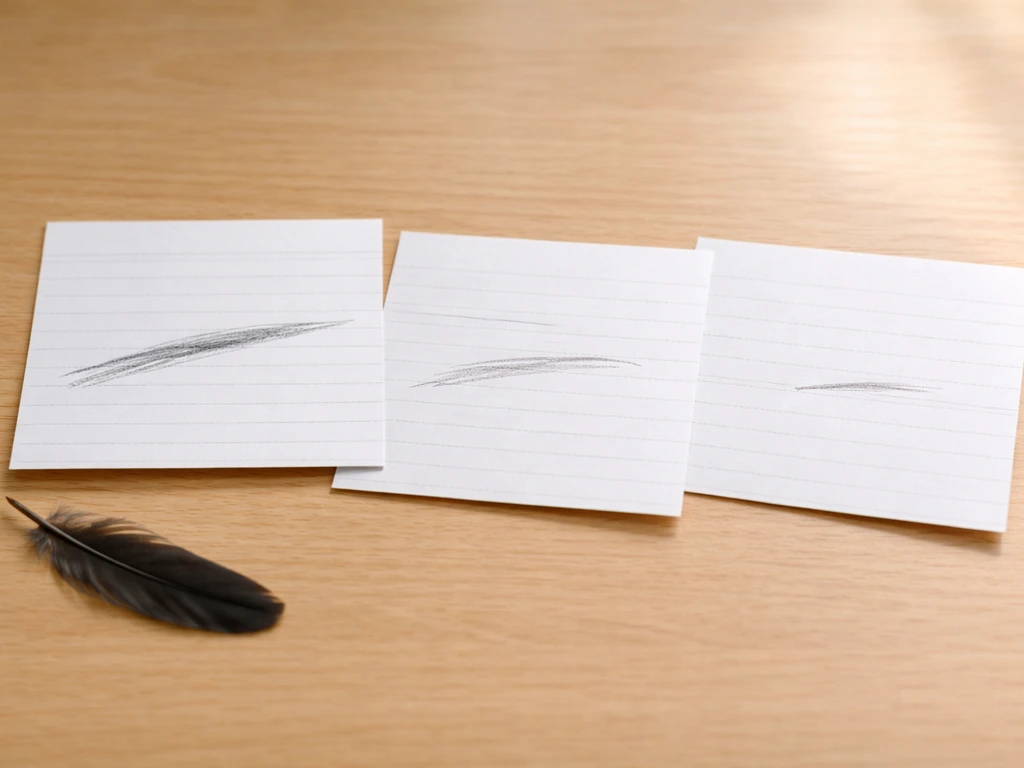 Three simple cards on a wooden desk with pencil-like marks and a small feather emphasizing a best rhyme.