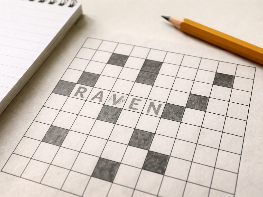 Close-up of a tabletop crossword grid showing the five-cell attempt RAVEN with crossing letters.