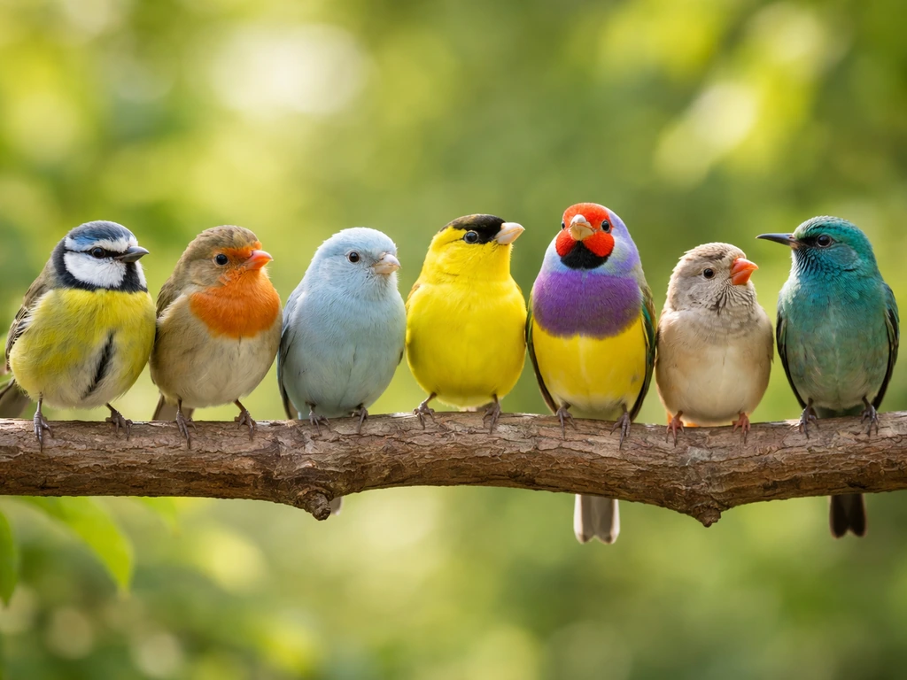 Assorted colorful birds perched on a branch with soft natural background, suggesting bird species names