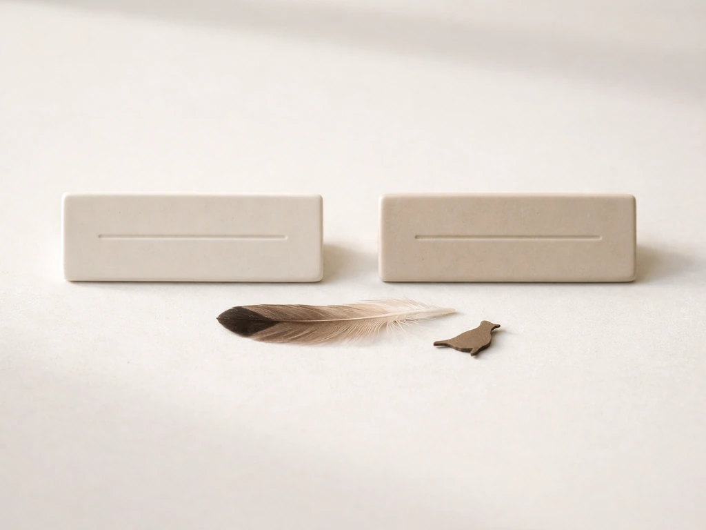 Minimal still life showing two blank name-tag plates suggesting genus and species naming for birds.
