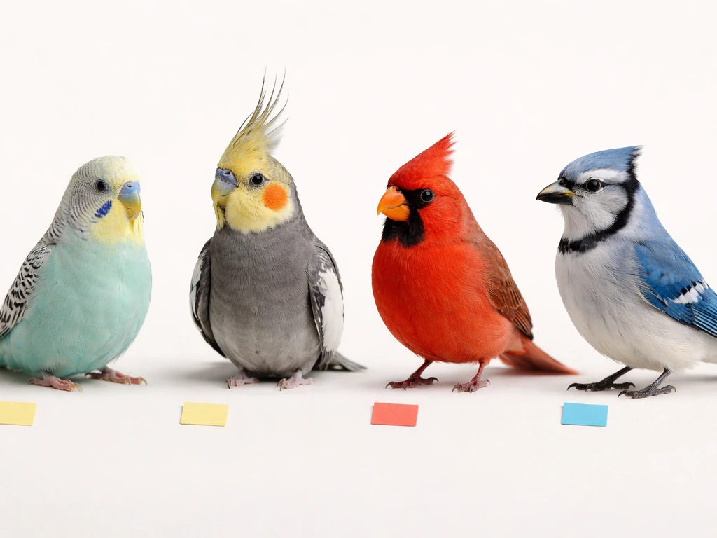 Collage-style lineup of pet birds with simple name tags for budgerigar, cockatiel, northern cardinal, and blue jay
