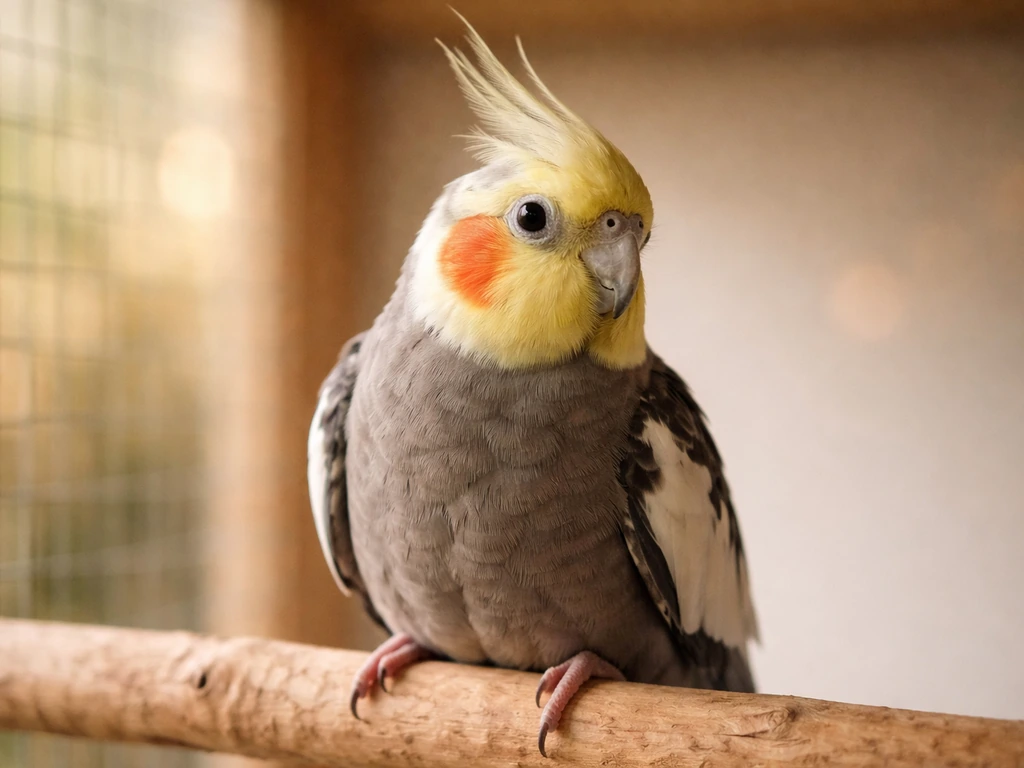 Close-up of a cockatiel perched indoors with soft background bokeh