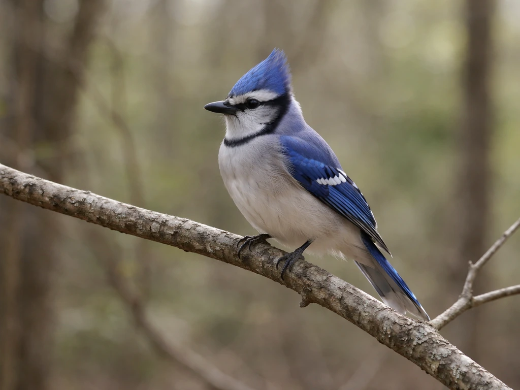 Blue jay perched on a branch with its blue crest visible in natural light.