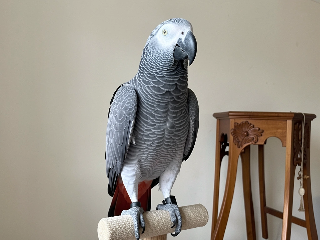 African grey standing tall with sleek feathers on a perch