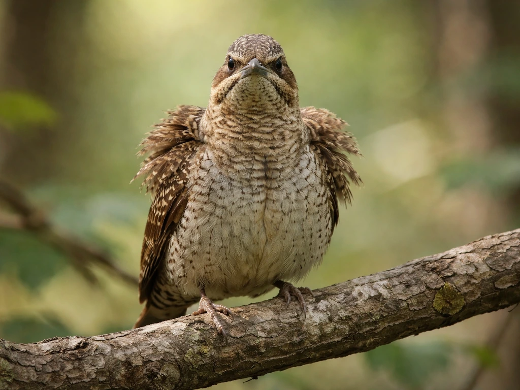 A wryneck bird perched on a branch, ruffled neck feathers hinting at a turkey-like display.