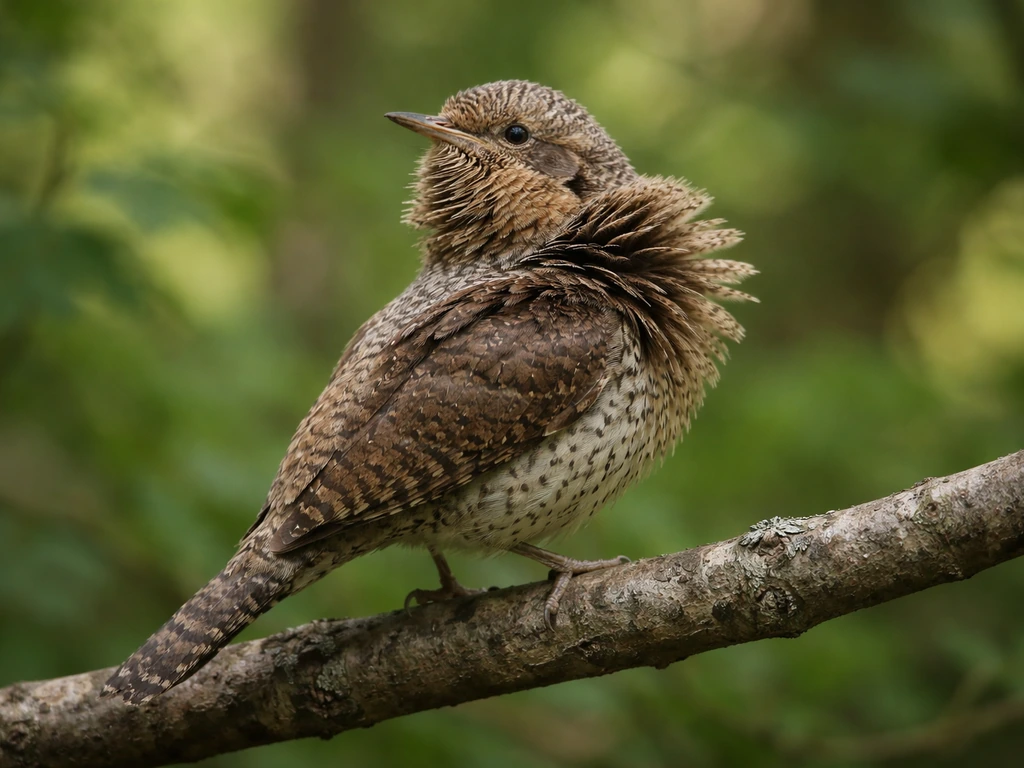 Wryneck bird perched on a branch with its ruffled neck displayed in soft natural light
