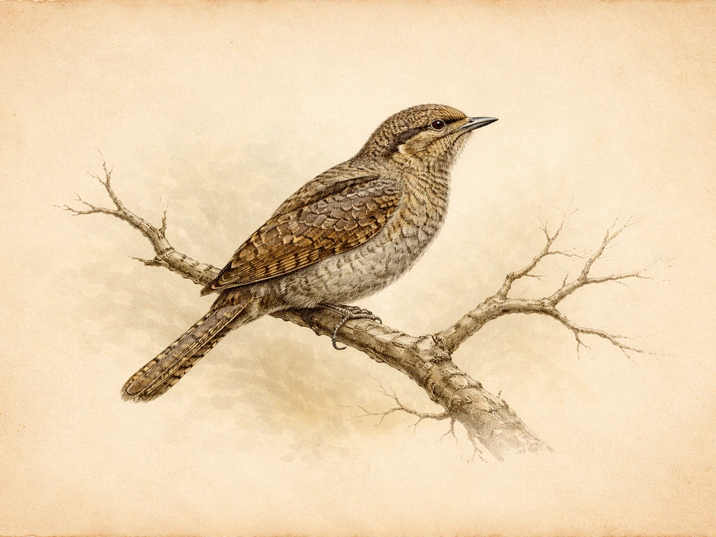 Antique-style illustration of a wryneck perched on a branch, evoking British natural history records