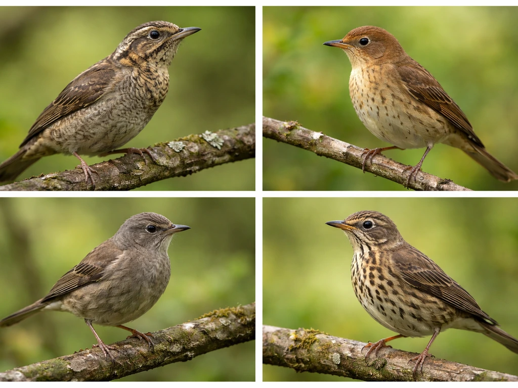 Four different small birds in separate frames on branches, arranged in a minimal photo grid.