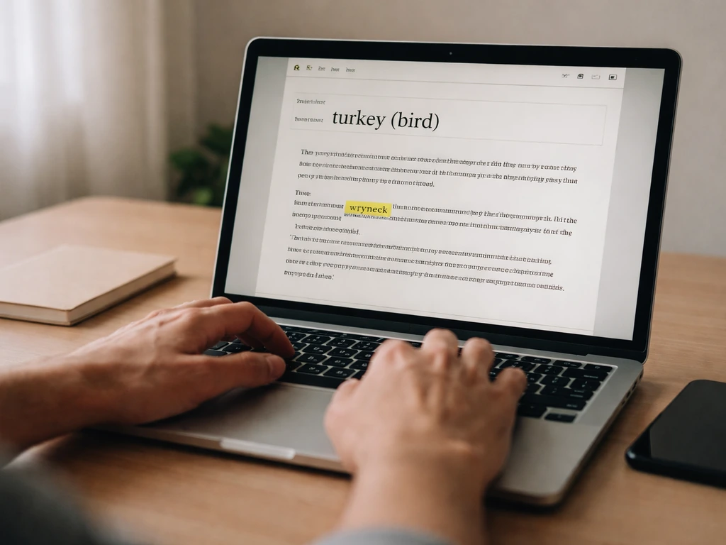 Close-up of a laptop screen showing an online dictionary entry, cursor over “turkey bird”