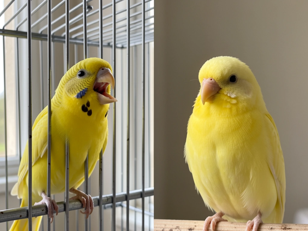 Side-by-side yellow birds showing loud energy versus calm regal behavior