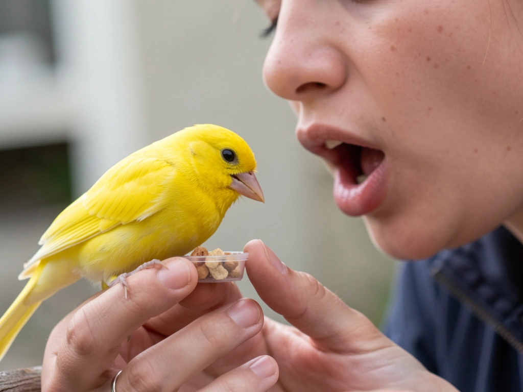Treat-and-response moment during training of a yellow bird’s name
