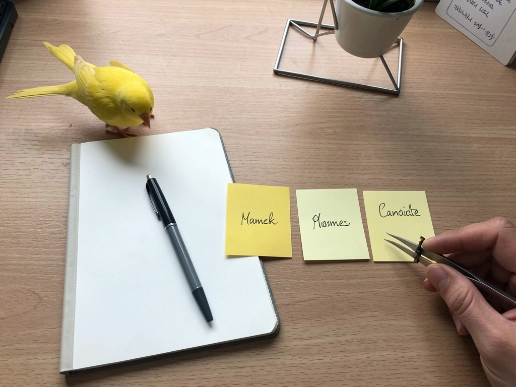 Notebook and color-coded cards used to narrow yellow bird name options